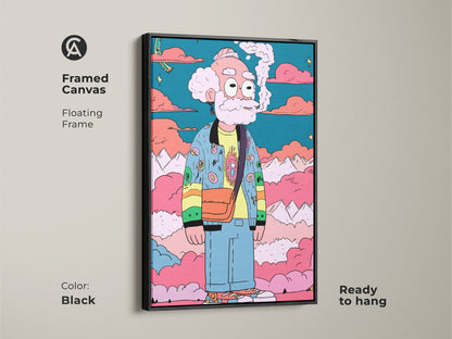 This framed canvas artwork features a cartoon character smoking. The floating frame in black adds a touch of elegance. Ready to hang this piece combines modern art with a playful subject. It is perfect for a contemporary home.