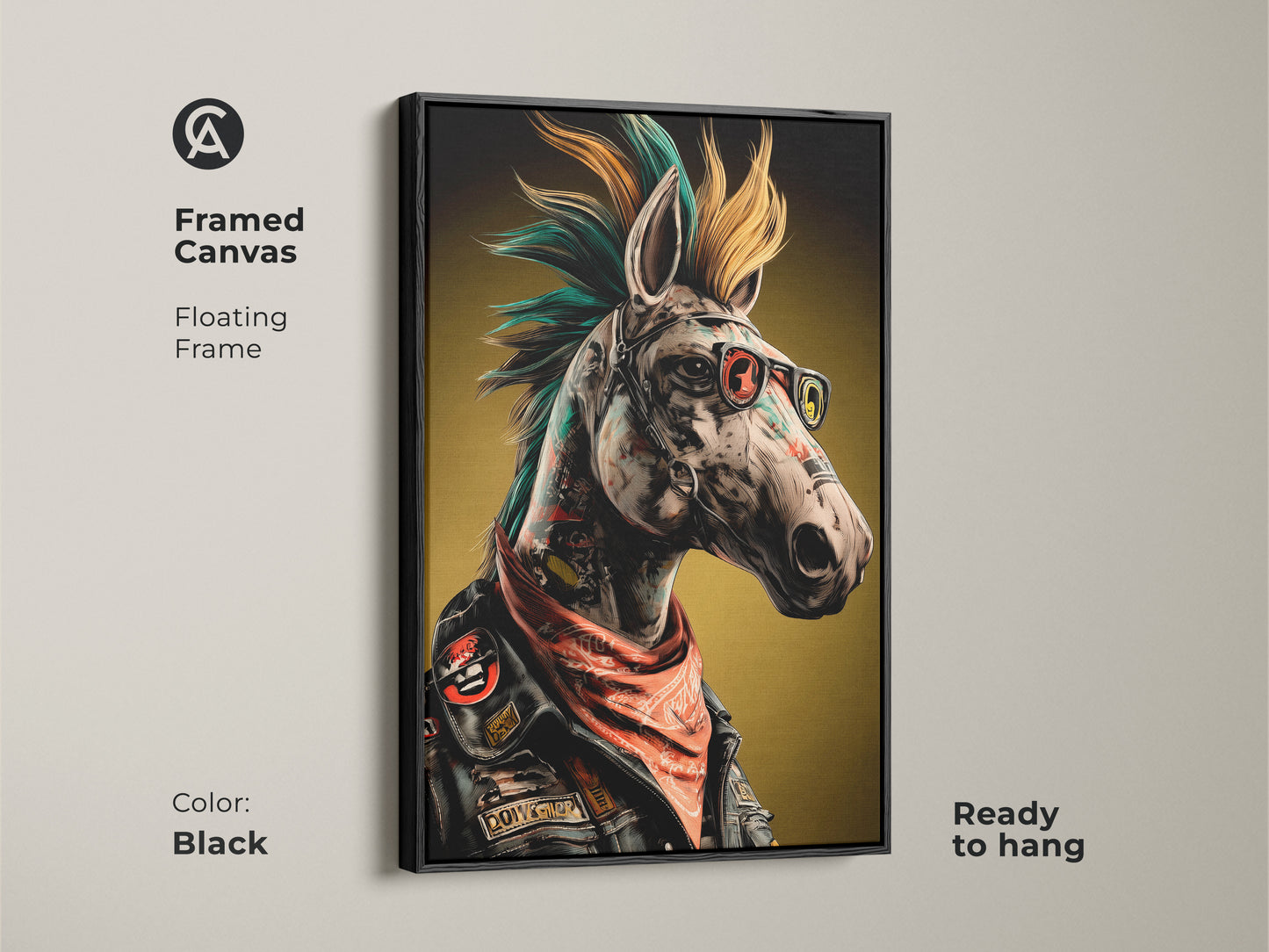 This Neo-Punk Horse Framed Canvas is floating in a black frame. The surreal animal wall art features teal orange yellow colors. Ready to hang eclectic home decor. A perfect punk rock fan gift. An edgy living room art for the modern home.