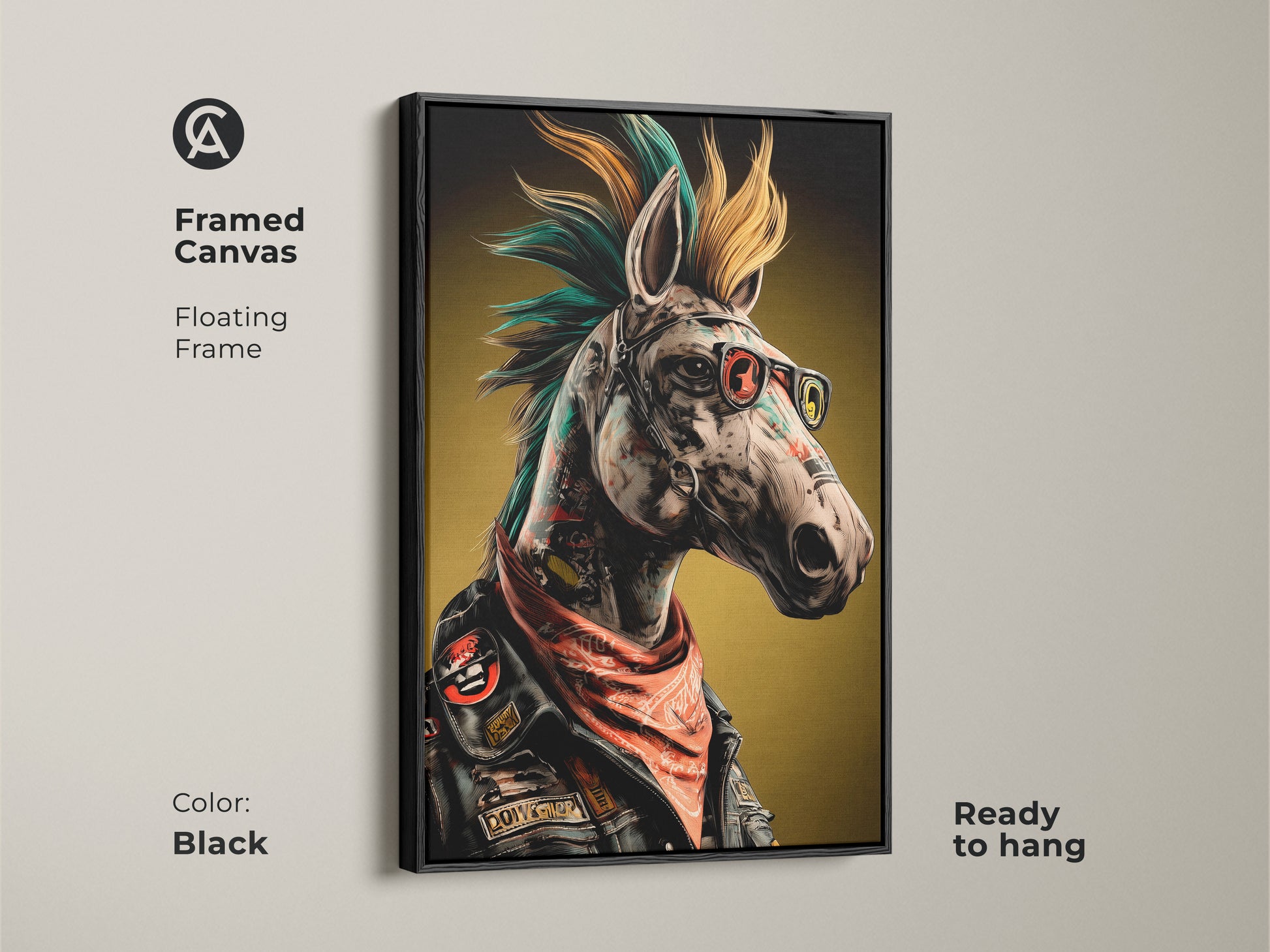 This Neo-Punk Horse Framed Canvas is floating in a black frame. The surreal animal wall art features teal orange yellow colors. Ready to hang eclectic home decor. A perfect punk rock fan gift. An edgy living room art for the modern home.