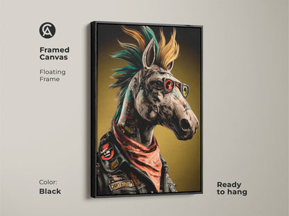 This Neo-Punk Horse Framed Canvas is floating in a black frame. The surreal animal wall art features teal orange yellow colors. Ready to hang eclectic home decor. A perfect punk rock fan gift. An edgy living room art for the modern home.