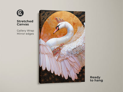 Stretched Canvas featuring crowned swan canvas print. Regal swan wall art adds royal elegance. Fantasy bird artwork is perfect for a unique focal point. Gold and white swan is set against a black backdrop. Ornate animal print great for eclectic home decor. This canvas is ready to hang.