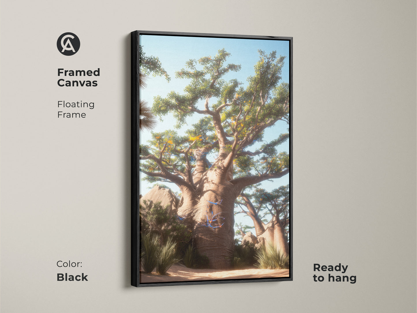 Framed Canvas featuring a Baobab Tree Wall Art with a black floating frame. The Desert Landscape Canvas Print is ready to hang. This boho nature decor brings green brown and blue artwork to any space.