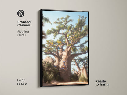 Framed Canvas featuring a Baobab Tree Wall Art with a black floating frame. The Desert Landscape Canvas Print is ready to hang. This boho nature decor brings green brown and blue artwork to any space.