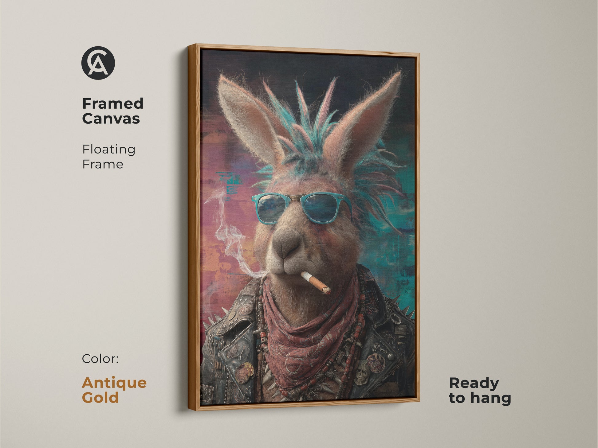 Here is framed canvas art of a Punk Kangaroo with a floating antique gold frame. The art is ready to hang. The edgy animal poster is a perfect fit for unique home decor. The animal portrait features a kangaroo in a leather jacket and sunglasses. The teal and pink abstract art make it a standout piece. This rocker animal canvas print brings a punk style to any space.