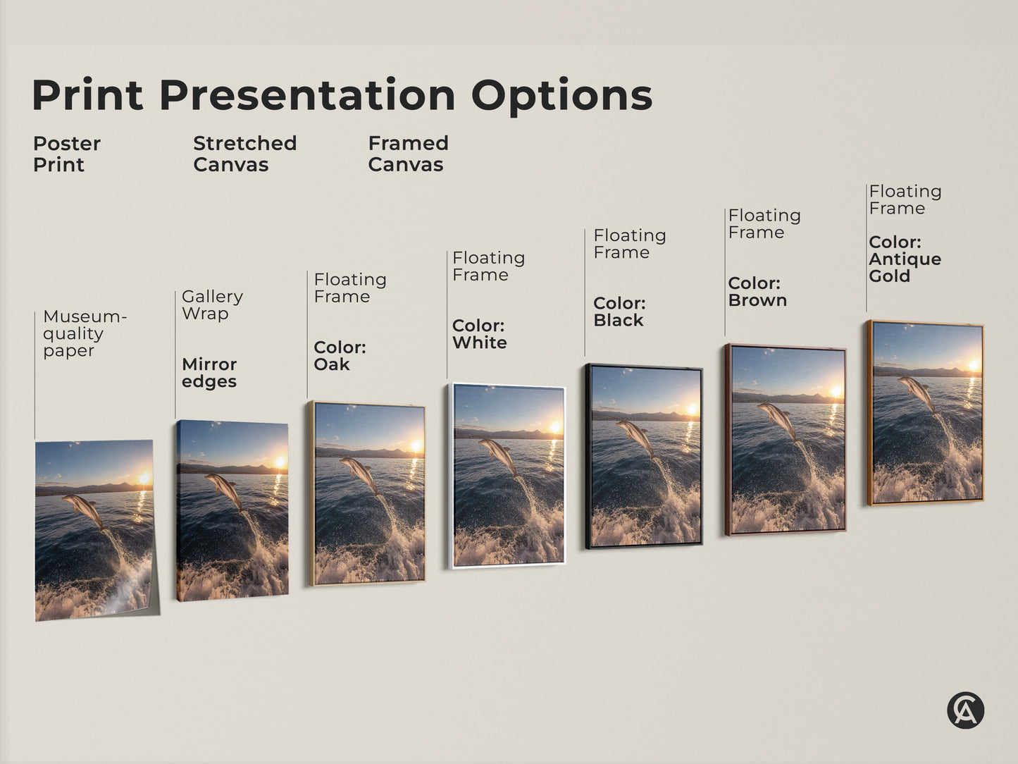 Explore various print presentation options for your coastal dolphin sunset artwork. Choose from poster prints stretched canvas or framed canvas. Select a floating frame in colors like Oak White Black Brown or Antique Gold. Find the perfect style to showcase this stunning ocean sunset canvas art.