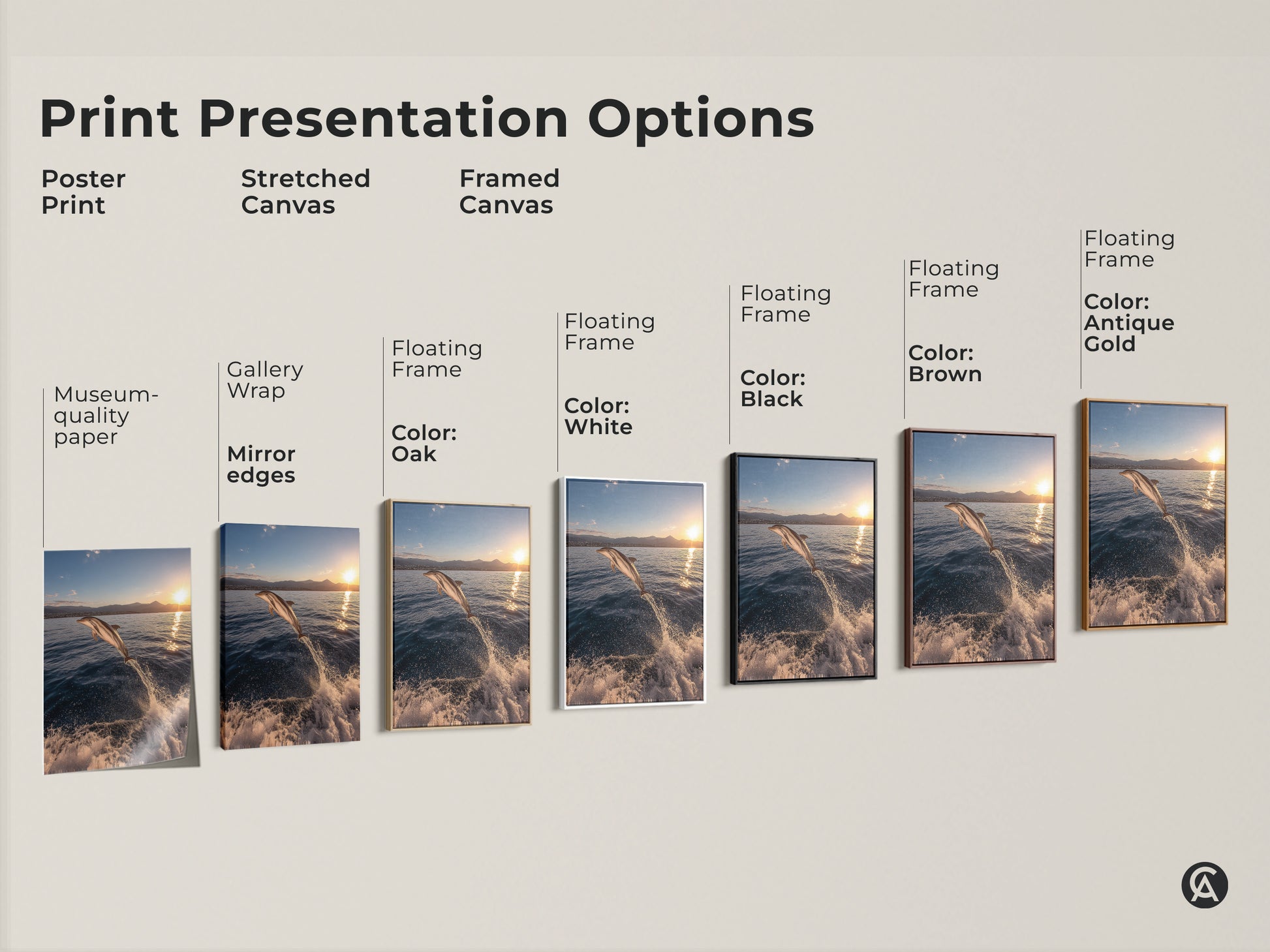 Explore various print presentation options for your coastal dolphin sunset artwork. Choose from poster prints stretched canvas or framed canvas. Select a floating frame in colors like Oak White Black Brown or Antique Gold. Find the perfect style to showcase this stunning ocean sunset canvas art.