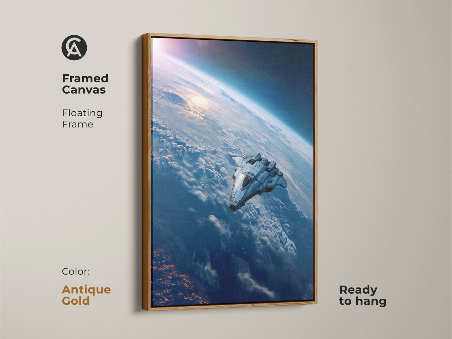 Antique Gold Framed Canvas Sci-Fi Space Art Print showcasing a futuristic spaceship over Earth. The ready-to-hang deep blue artwork offers a modern touch. Great gift for sci-fi fans.