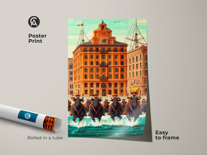 Poster print of retro futurism bull rider art. This urban orange building canvas is easy to frame. A unique mid century modern style art piece for den or office wall decor.