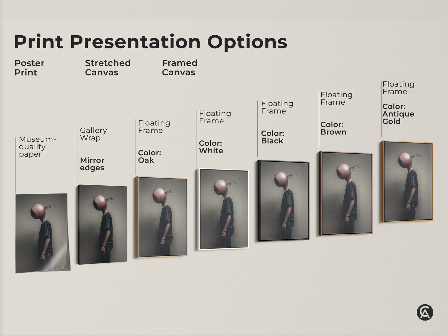 Explore print presentation options for surreal alien art. Choose from poster prints stretched canvas or framed canvas. Find the perfect medium to showcase this eyeball head character art. Each option enhances the dark eclectic aesthetic for any space making it a unique decor choice.