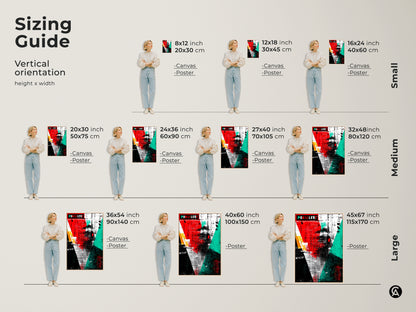 Sizing guide for vertical abstract collage wall art. The image displays sizes for canvas and poster prints. Sizes include 8x12 12x18 16x24 20x30 24x36 27x40 32x48 36x54 40x60 and 45x67 inches. An eclectic retro artwork for any space.