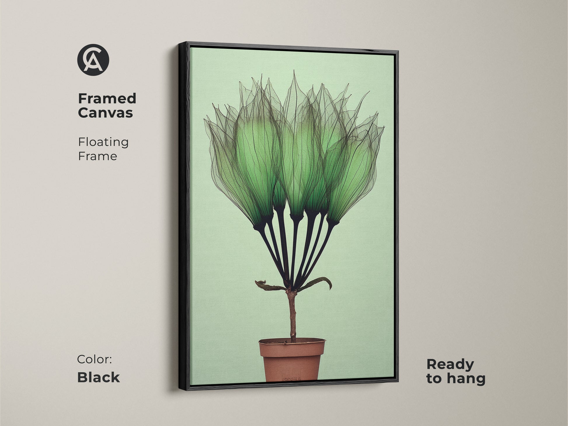 Black Framed Canvas Botanical Art Print features delicate translucent green petals. This Mint Green Potted Plant Wall Art has minimalist abstract style. This Scandinavian Canvas is an ideal Gift for Plant Lovers. Ready to hang for a living room or office.