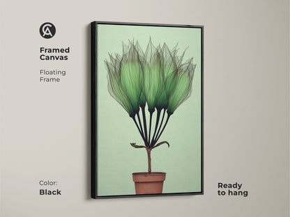 Black Framed Canvas Botanical Art Print features delicate translucent green petals. This Mint Green Potted Plant Wall Art has minimalist abstract style. This Scandinavian Canvas is an ideal Gift for Plant Lovers. Ready to hang for a living room or office.