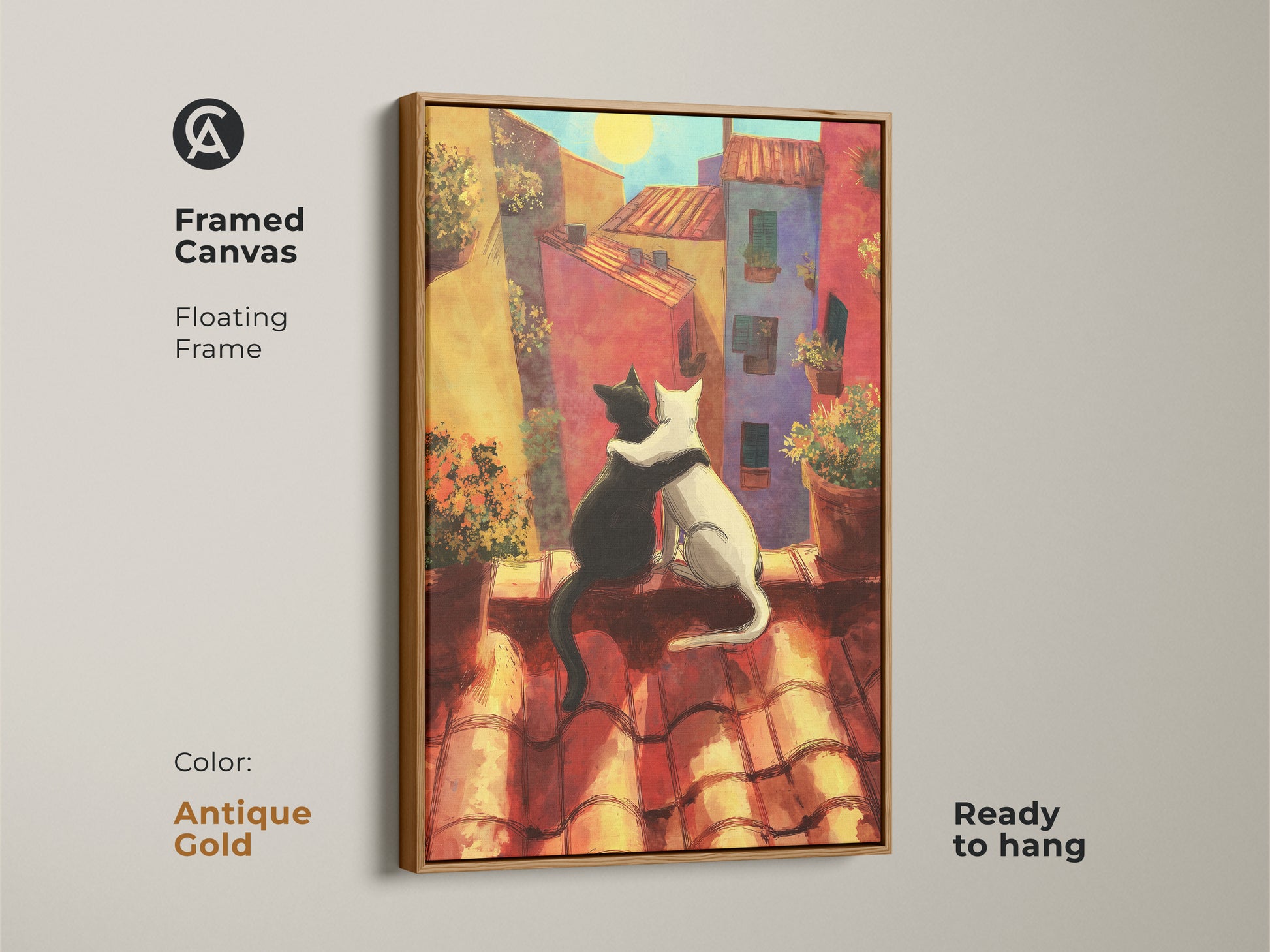 Framed cat couple canvas with antique gold floating frame. Whimsical folk art of cats hugging with an orange cityscape backdrop. Ready to hang wall art. Ideal gift for cat lovers.