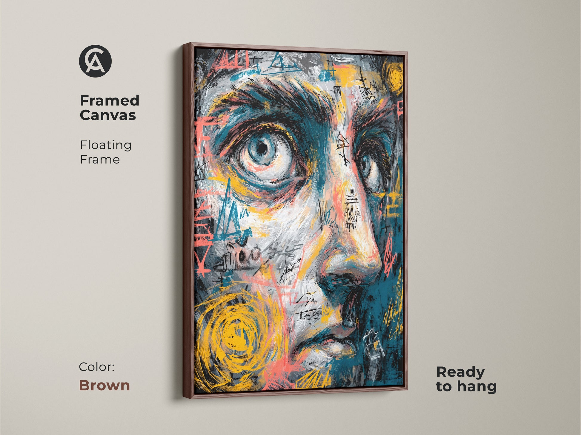 Framed canvas art with a floating brown frame ready to hang. The artwork features a blue-toned face with unique graffiti elements. The brown frame complements the contemporary style. Perfect for adding a modern touch to any room.