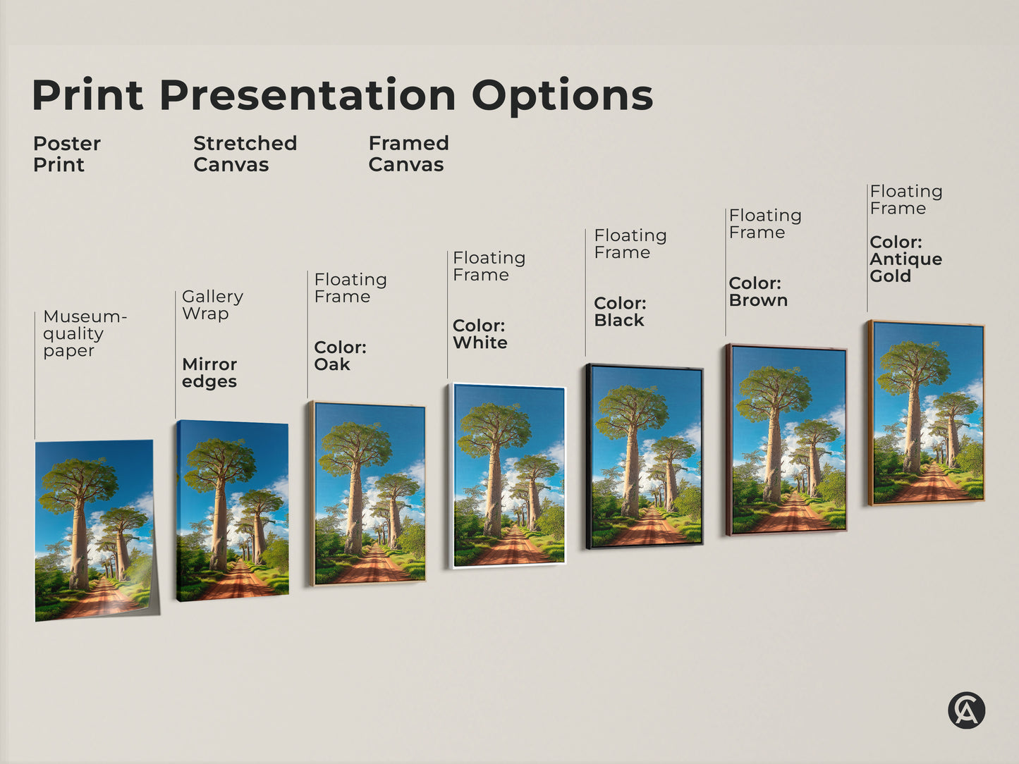 Print presentation options for the boho Baobab tree African landscape. Choose from poster print stretched canvas or framed canvas. Each features a dirt road leading to Baobab trees under a blue sky. Find the perfect travel themed wall art.