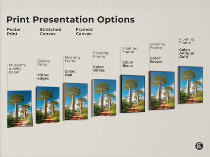 Print presentation options for the boho Baobab tree African landscape. Choose from poster print stretched canvas or framed canvas. Each features a dirt road leading to Baobab trees under a blue sky. Find the perfect travel themed wall art.