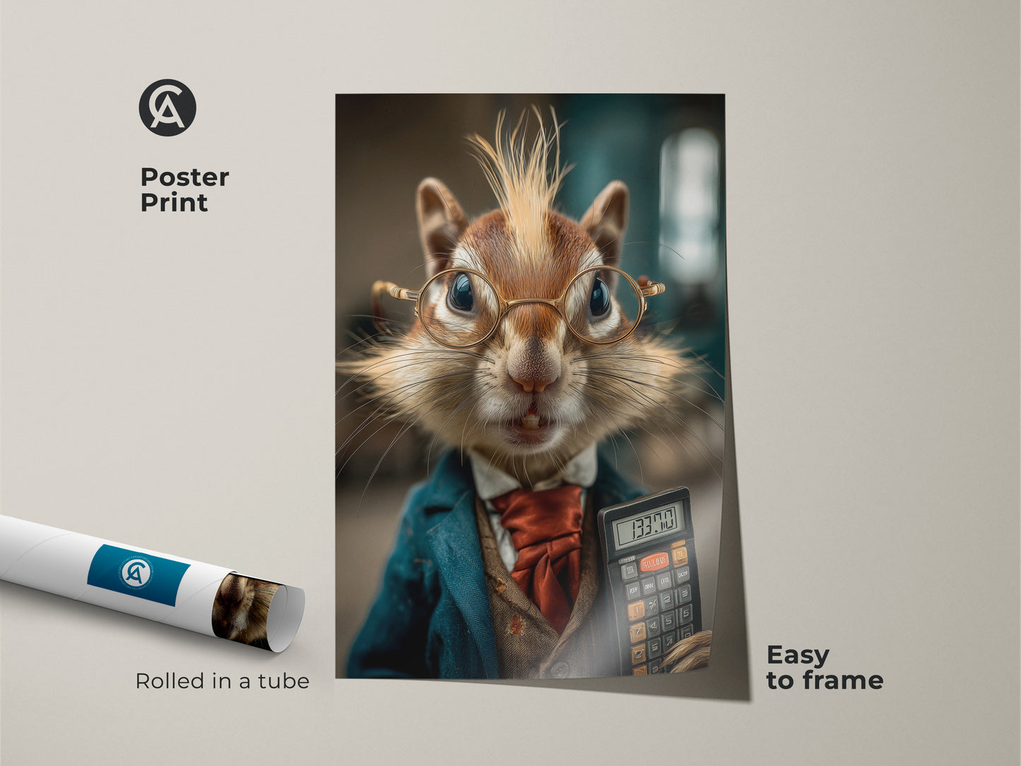Anthropomorphic chipmunk art available as an easy-to-frame poster print. Rolled in a tube this office art print makes a unique accountant gift idea. Shop this funny office wall decor now.