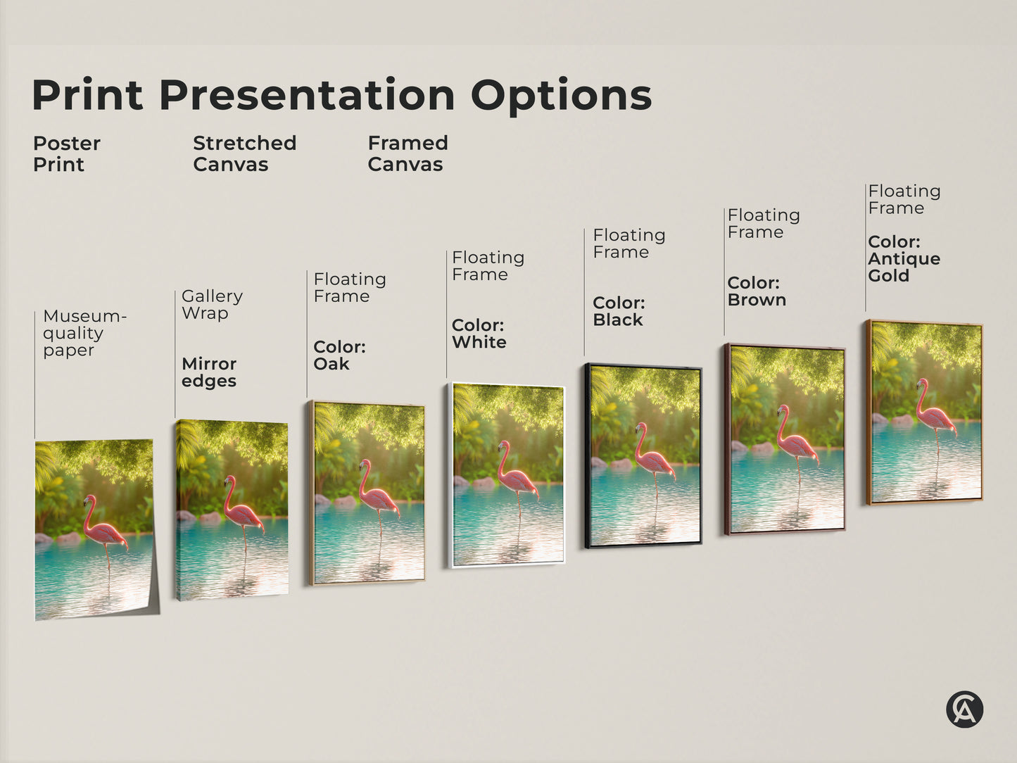 Explore print presentation options for tropical flamingo artwork. Choose from poster prints to stretched canvas. Consider framed canvas with various floating frame colors. Find the perfect style to match your home decor. Museum-quality paper ensures lasting beauty.
