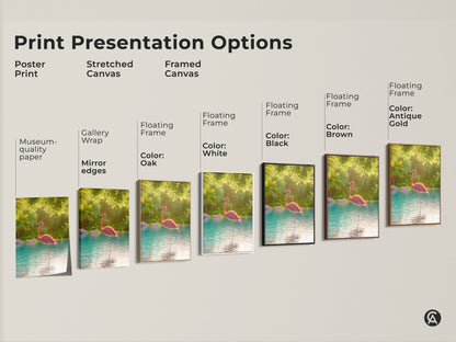 Explore print presentation options for tropical flamingo artwork. Choose from poster prints to stretched canvas. Consider framed canvas with various floating frame colors. Find the perfect style to match your home decor. Museum-quality paper ensures lasting beauty.