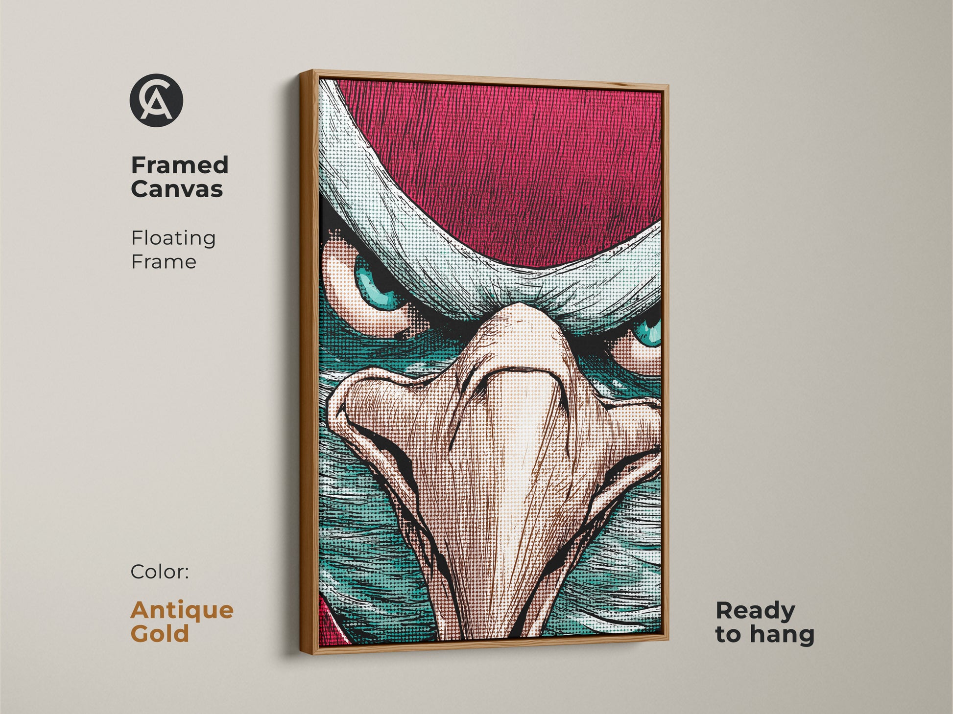 This framed eagle canvas is ready to hang. The crimson teal bird art features a floating antique gold frame. The pop art artwork is a close-up. The bold comic style makes it a unique animal print. This office animal artwork is eclectic.