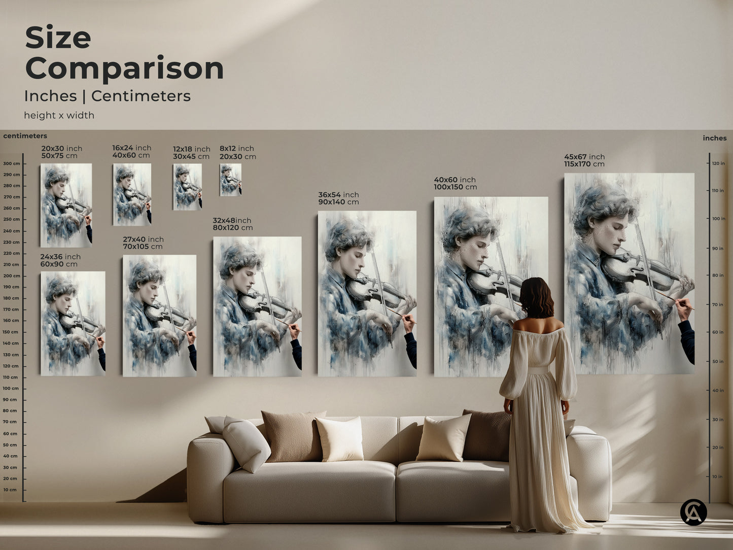 Size comparison of art prints featuring a young violinist. See how different sizes fit above a sofa. Choose from various dimensions to suit your space. Canvas and poster options available. Visualize the perfect art piece. Enhance your home today.