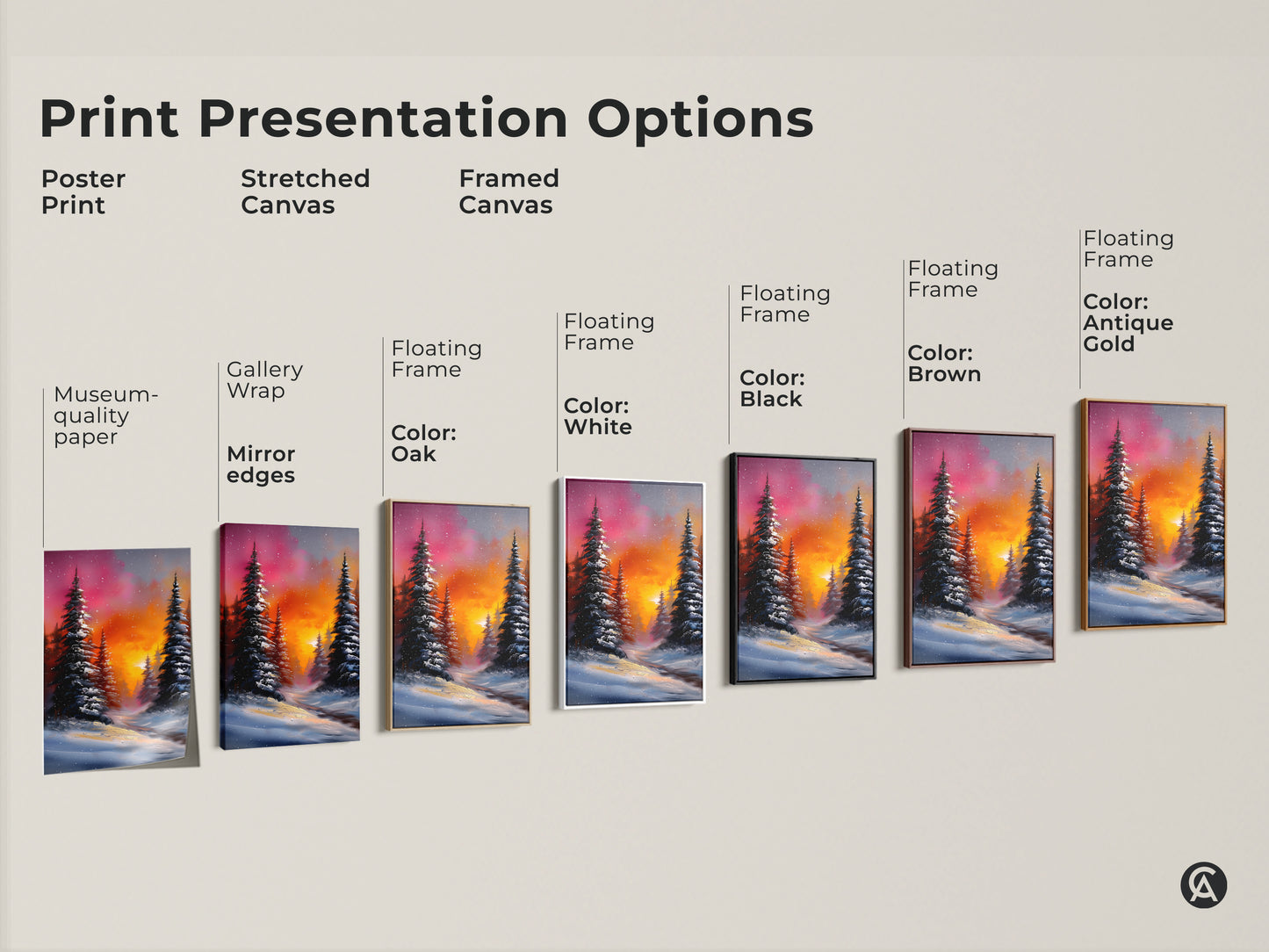 Print presentation options for winter forest artwork. Includes poster prints stretched canvas and framed canvas. Various frame colors available such as oak white black brown and antique gold. Museum-quality paper and gallery wrap.