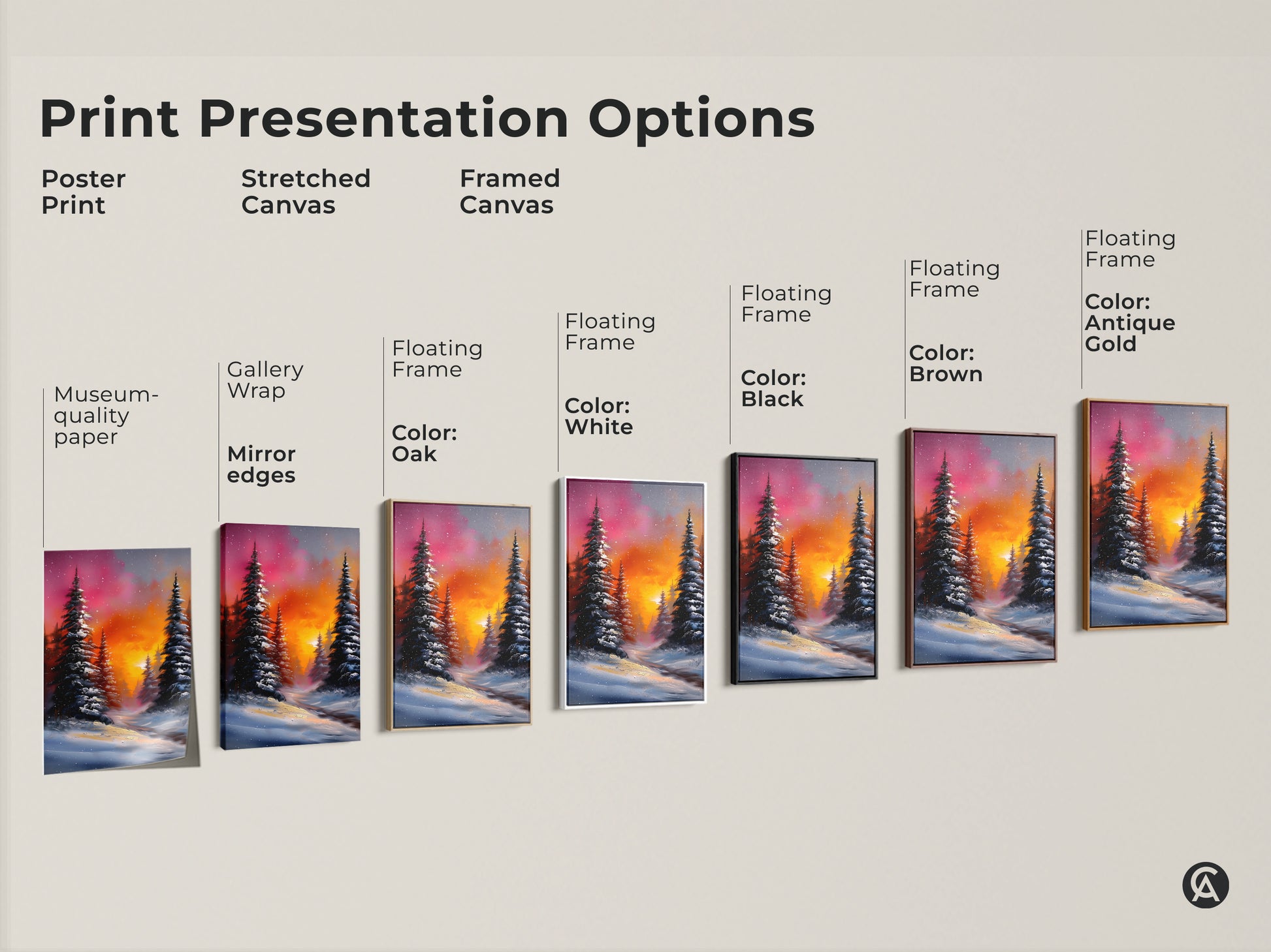 Print presentation options for winter forest artwork. Includes poster prints stretched canvas and framed canvas. Various frame colors available such as oak white black brown and antique gold. Museum-quality paper and gallery wrap.