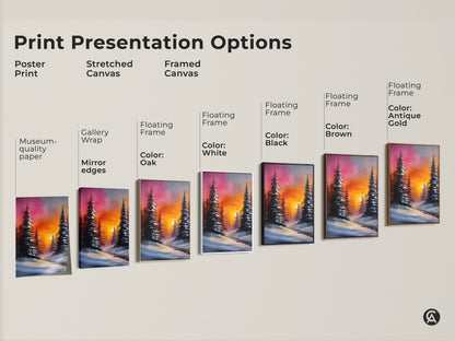 Print presentation options for winter forest artwork. Includes poster prints stretched canvas and framed canvas. Various frame colors available such as oak white black brown and antique gold. Museum-quality paper and gallery wrap.