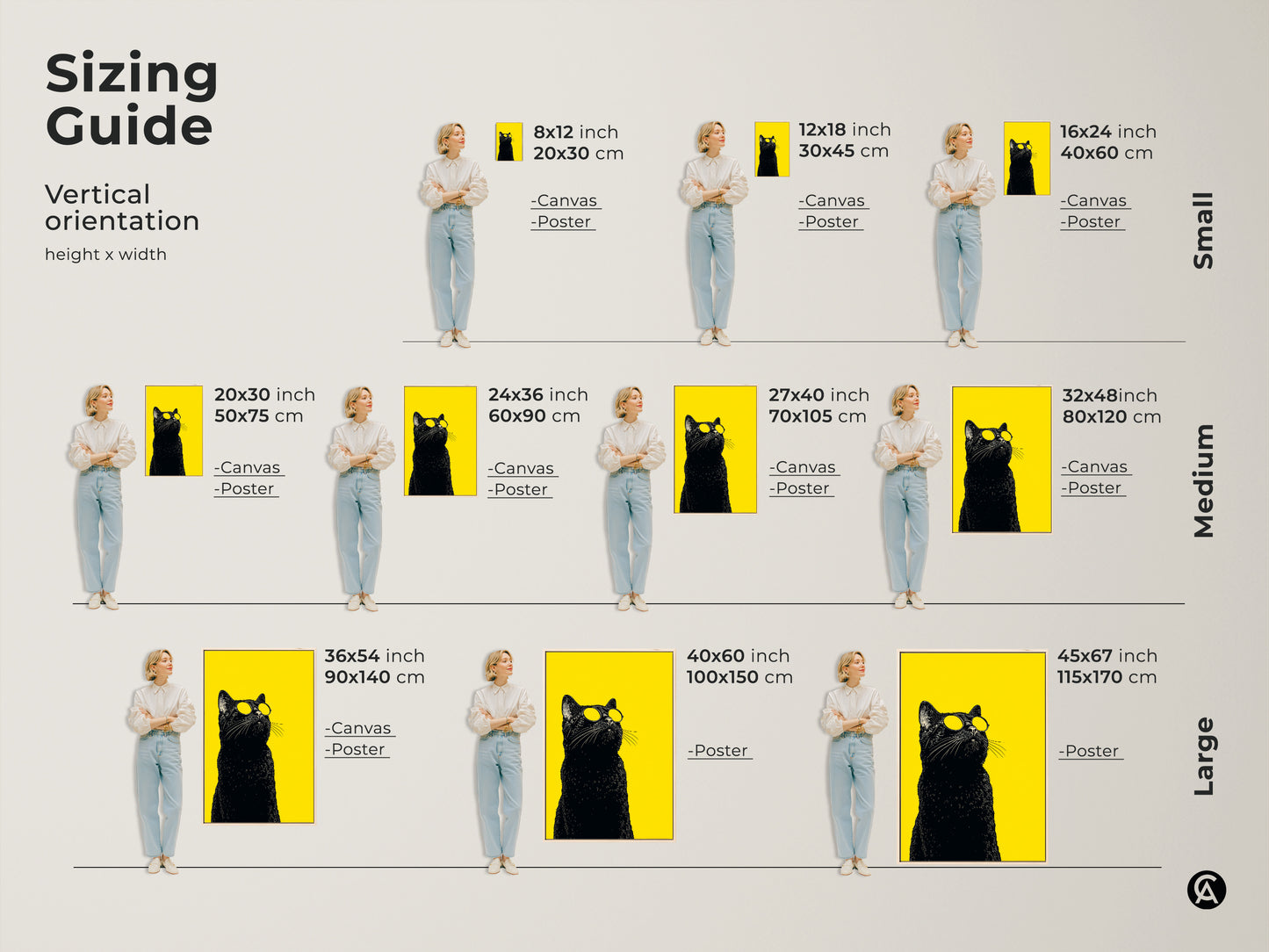 Sizing guide showing a black cat with sunglasses on a yellow background in different sizes. Available as canvas or poster art. See how the art fits in various room sizes for eclectic home decor.