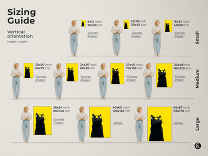Sizing guide showing a black cat with sunglasses on a yellow background in different sizes. Available as canvas or poster art. See how the art fits in various room sizes for eclectic home decor.