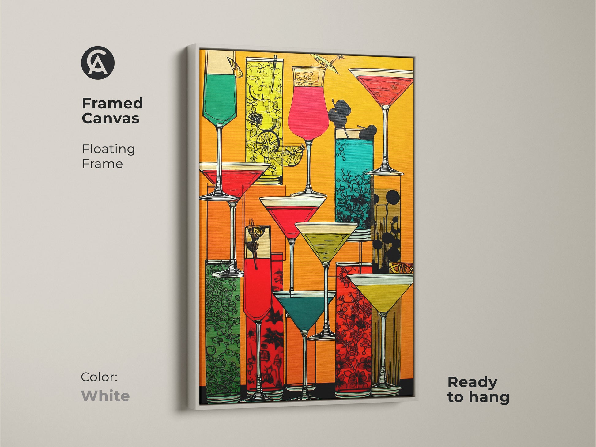 This framed canvas features retro cocktail artwork with a floating white frame. It enhances a modern folk art drink print. The eclectic bar area decor displays vibrant orange red and yellow tones. The ready to hang artwork adds charm and color to any room.