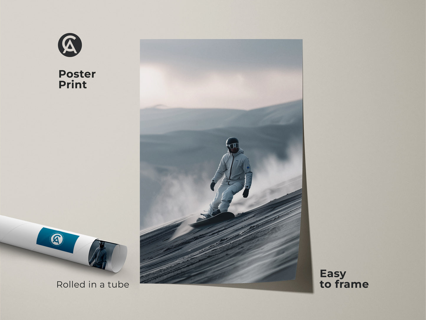 Poster print of a snowboarder riding a sand dune. The print is rolled in a tube for easy framing. This wall art is perfect for adding adventure to your decor. A great gift for snowboard lovers. Easy to frame.