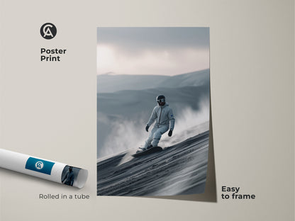 Poster print of a snowboarder riding a sand dune. The print is rolled in a tube for easy framing. This wall art is perfect for adding adventure to your decor. A great gift for snowboard lovers. Easy to frame.