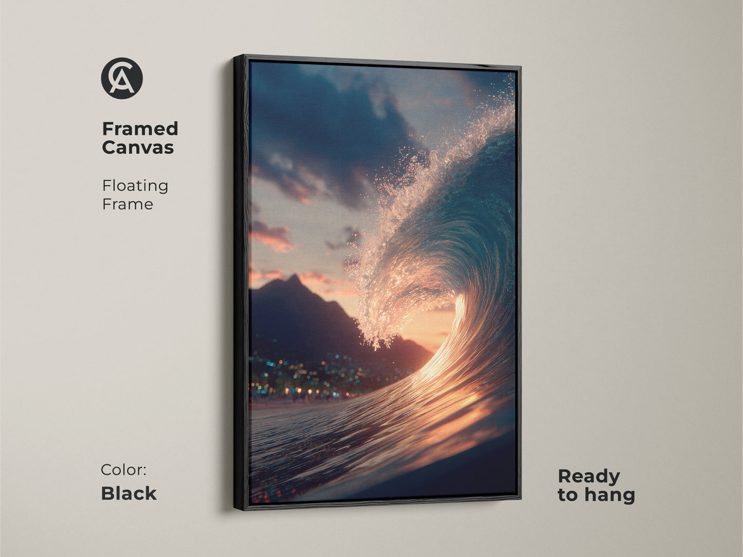 Black framed canvas of a powerful ocean wave. This floating frame enhances the artwork. Sunset light shines through the wave. A perfect piece for coastal decor. The black frame adds a modern touch ready to hang.