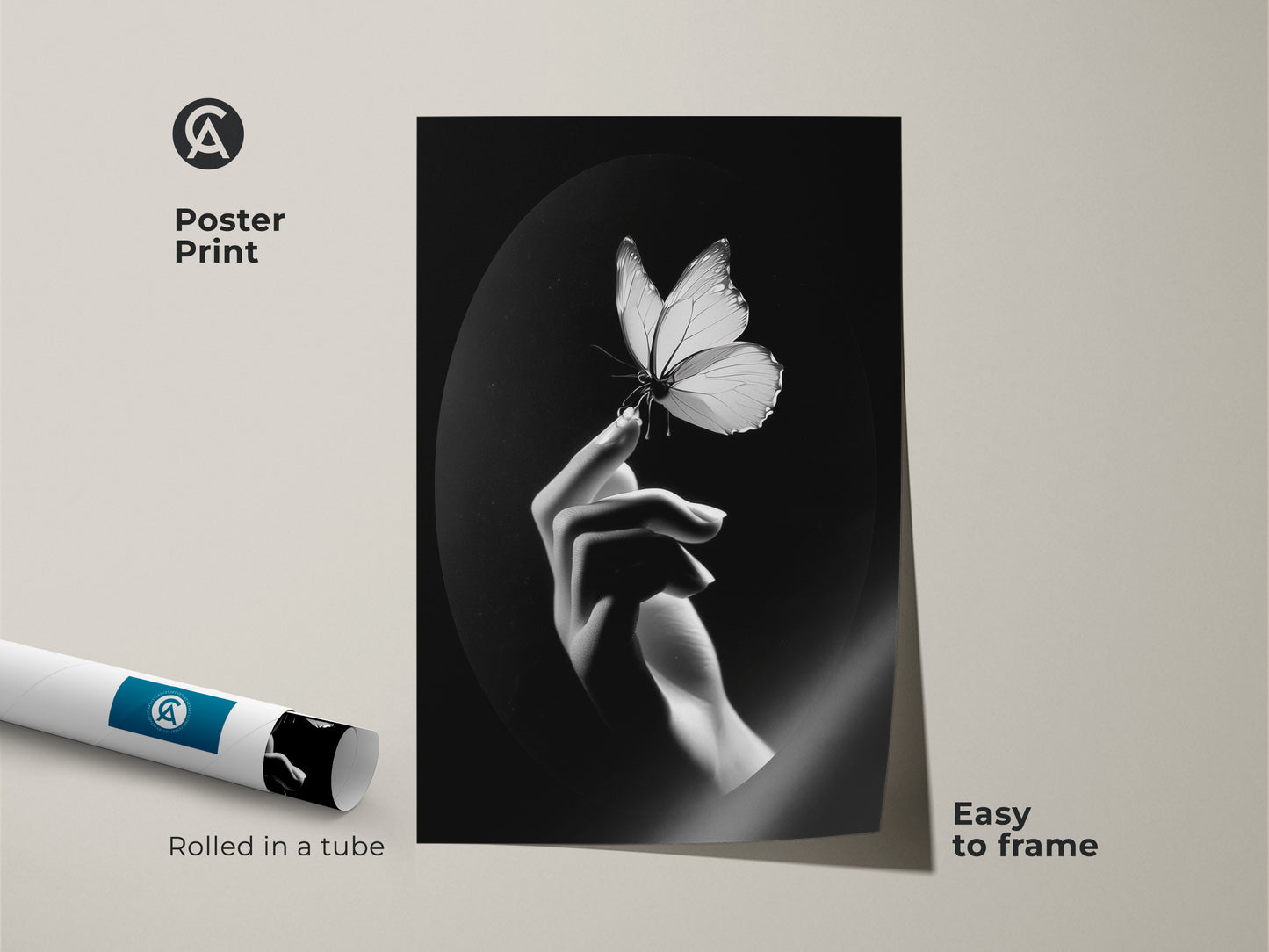 A poster print presents monochrome butterfly artwork. There is minimalist hand art. Black and white wall decor is easy to frame. Great nature lover gift art. It brings a contemporary touch to any bedroom. Observe the insect macro print. Perfect for elegant home art and minimalist living room decor. This rolled art is perfect for modern office art. It also acts as a housewarming gift idea