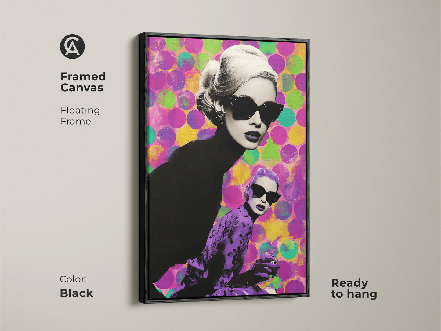 Framed canvas featuring modern pop art of a woman. The artwork has a black floating frame. This unique eclectic art is ready to hang and adds a chic touch. The magenta purple art print will enhance any space.