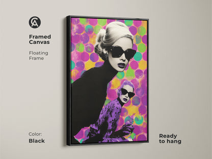 Framed canvas featuring modern pop art of a woman. The artwork has a black floating frame. This unique eclectic art is ready to hang and adds a chic touch. The magenta purple art print will enhance any space.
