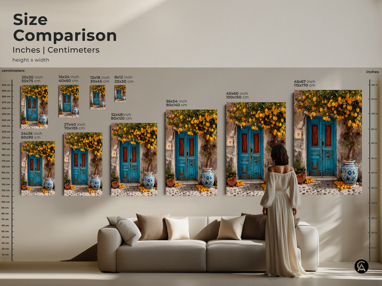 Size comparison of Mediterranean lemon tree artwork in inches and centimeters. See how the canvas print and poster art fits above a couch. Visualize the scale of this blue door rustic boho wall decor in different sizes. Perfect for kitchen or living room art.