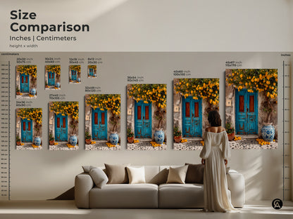 Size comparison of Mediterranean lemon tree artwork in inches and centimeters. See how the canvas print and poster art fits above a couch. Visualize the scale of this blue door rustic boho wall decor in different sizes. Perfect for kitchen or living room art.