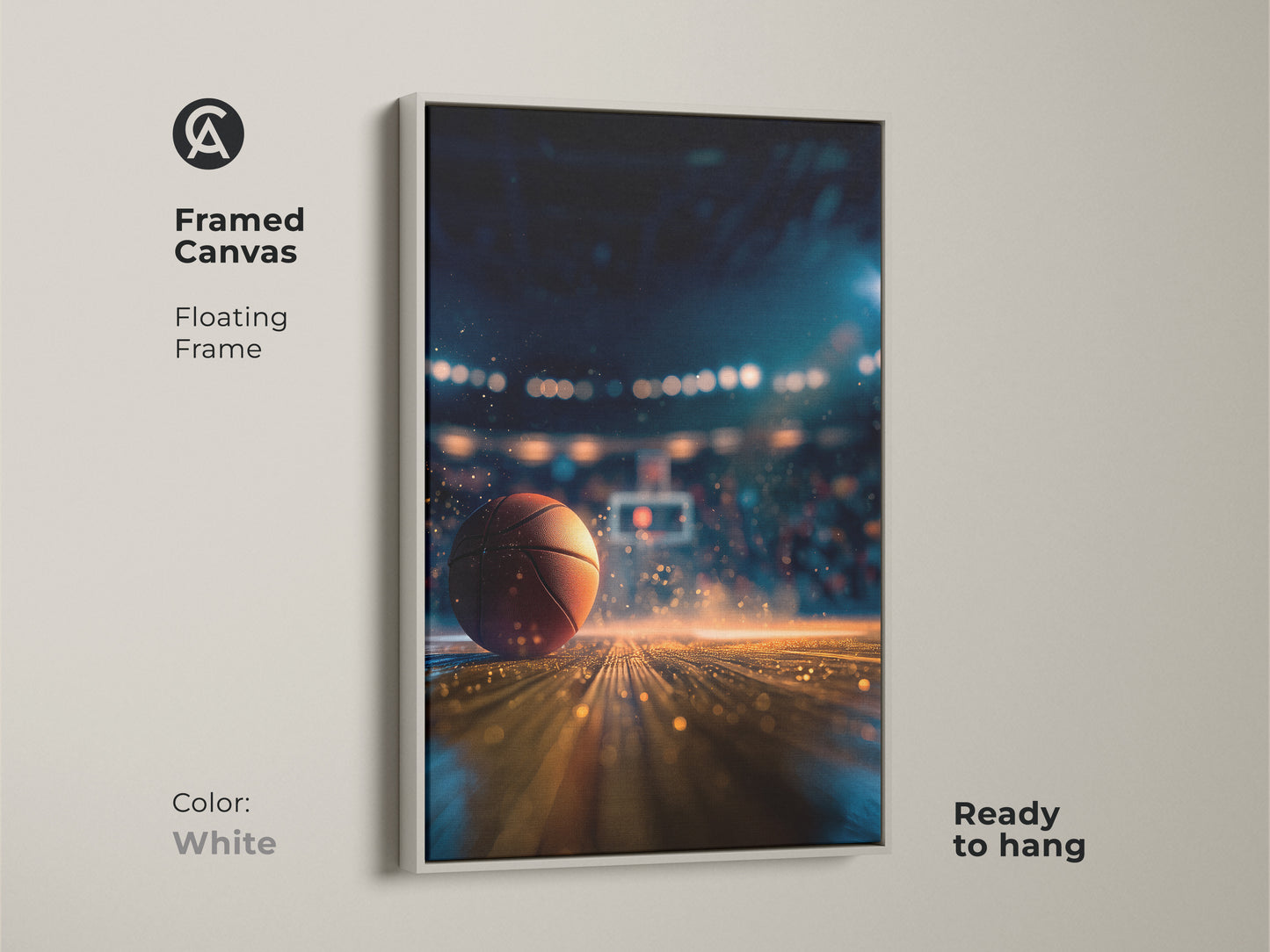 Add a modern touch with this framed canvas basketball art. The floating frame in white complements any decor style. Ready to hang and easy to incorporate. It is ideal for a clean and sporty aesthetic. This basketball artwork is amazing.
