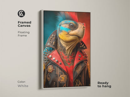 This framed canvas of a punk turtle offers versatile white frame. The floating white frame enhances the surreal animal painting. It makes it a standout piece for teen room decor. The leather jacket art combines pop culture and rebellious style. Ready to hang perfect for music fans and eclectic art lovers.