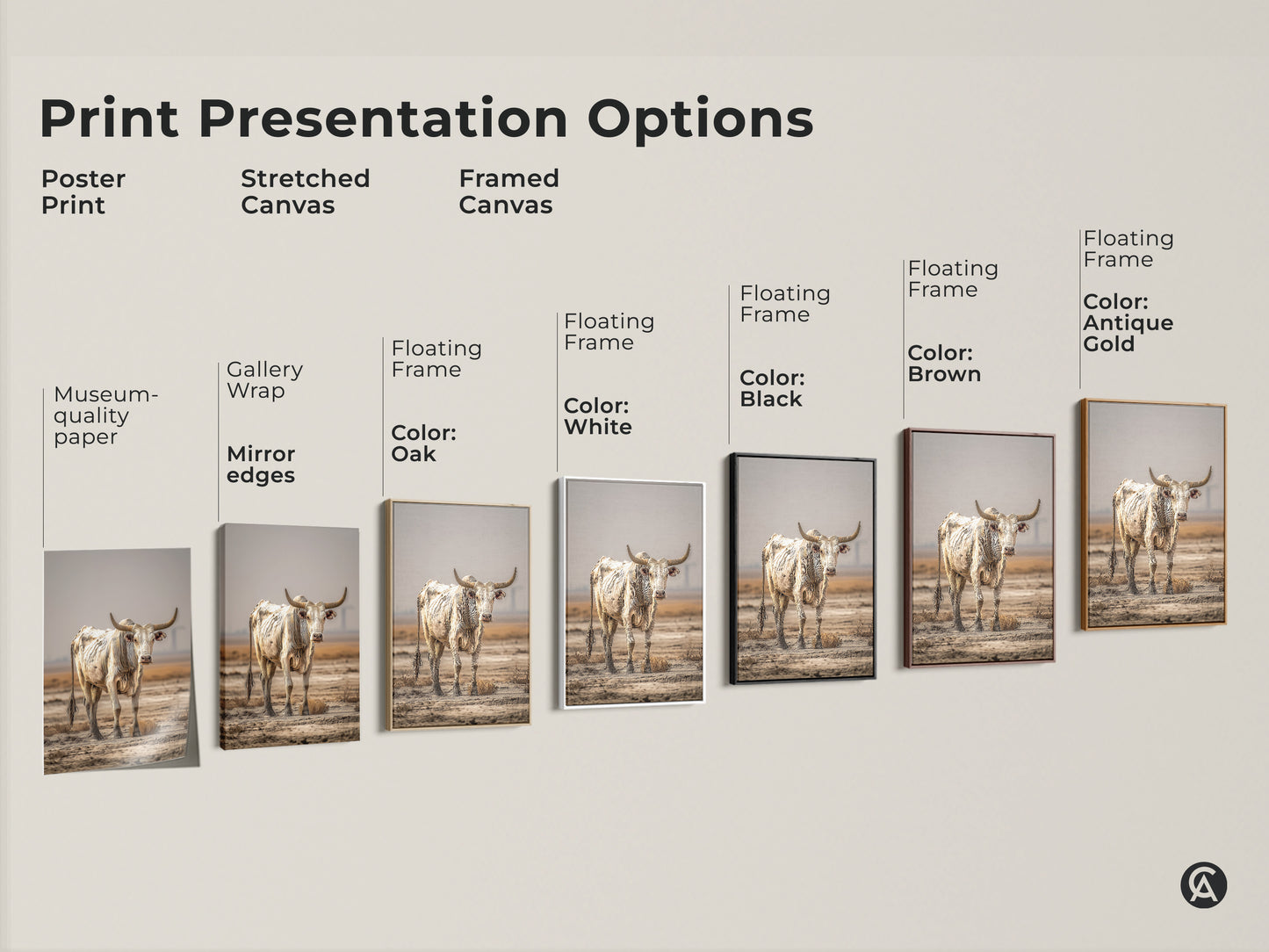 Print presentation options include poster prints and stretched canvas. Framed canvas options are also shown. The cream and brown bull artwork is displayed in various styles. Choose the perfect farmhouse animal wall art for your home. The rustic cow wall decor enhances your space.