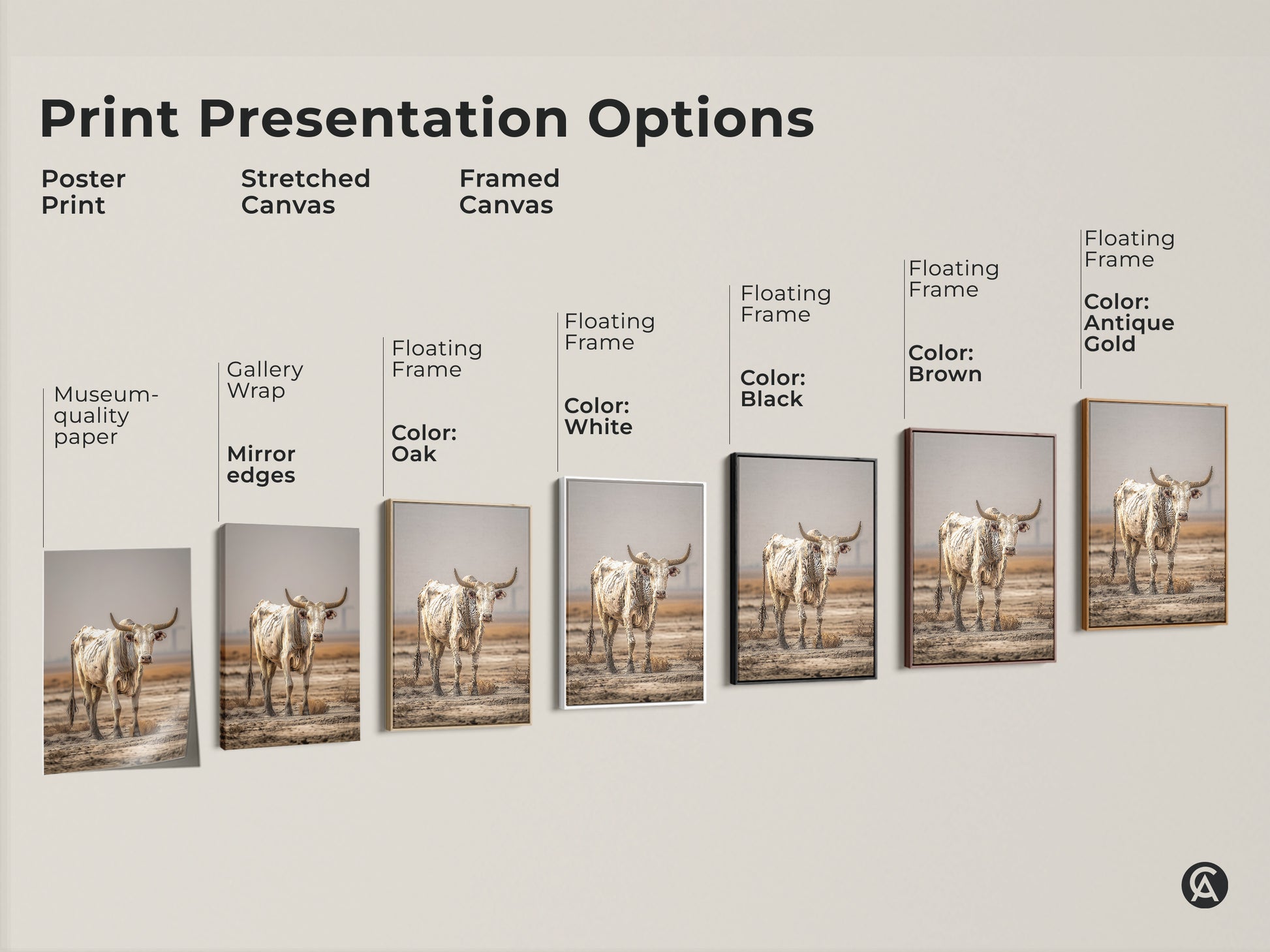 Print presentation options include poster prints and stretched canvas. Framed canvas options are also shown. The cream and brown bull artwork is displayed in various styles. Choose the perfect farmhouse animal wall art for your home. The rustic cow wall decor enhances your space.