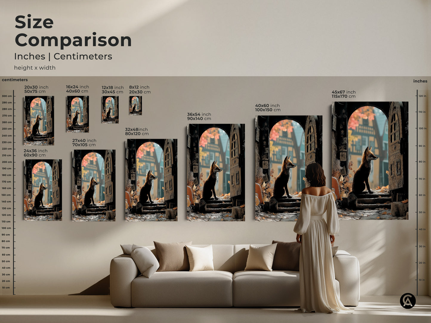 Size comparison of the Archway Fox Art Print. Examples show the size in inches and centimeters. The animal artwork is shown in a home. It features a fox sitting at an archway in an eclectic style.