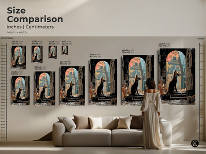 Size comparison of the Archway Fox Art Print. Examples show the size in inches and centimeters. The animal artwork is shown in a home. It features a fox sitting at an archway in an eclectic style.