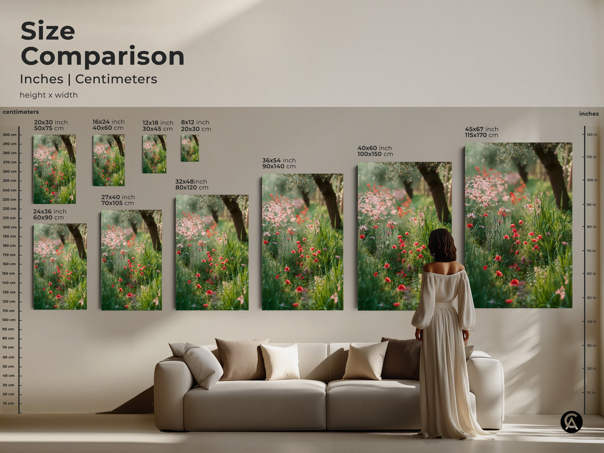 Size comparison of botanical garden canvas prints. See how different sizes fit above a sofa. Visualize the impact of red poppy art in your living room. Choose the perfect size for your wildflower garden canvas. Options range from small to large to suit your space.