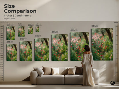 Size comparison of botanical garden canvas prints. See how different sizes fit above a sofa. Visualize the impact of red poppy art in your living room. Choose the perfect size for your wildflower garden canvas. Options range from small to large to suit your space.