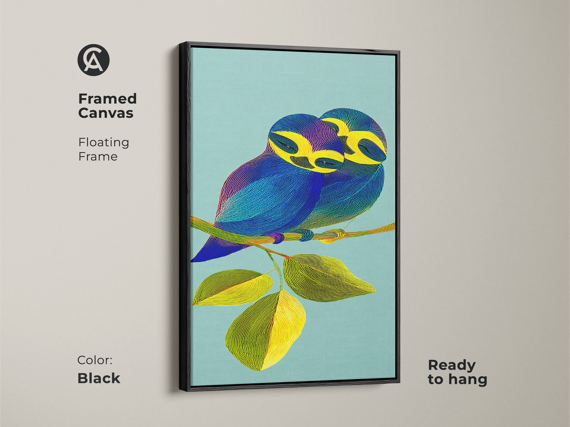 This framed canvas features a line art bird couple in a floating black frame. The modern wall art adds a touch of elegance to any home or office. Ready to hang the contemporary artwork brings a unique artistic flair. The vibrant yellow leaves and teal background of this Scandinavian style decor piece complement the blue bird palette.