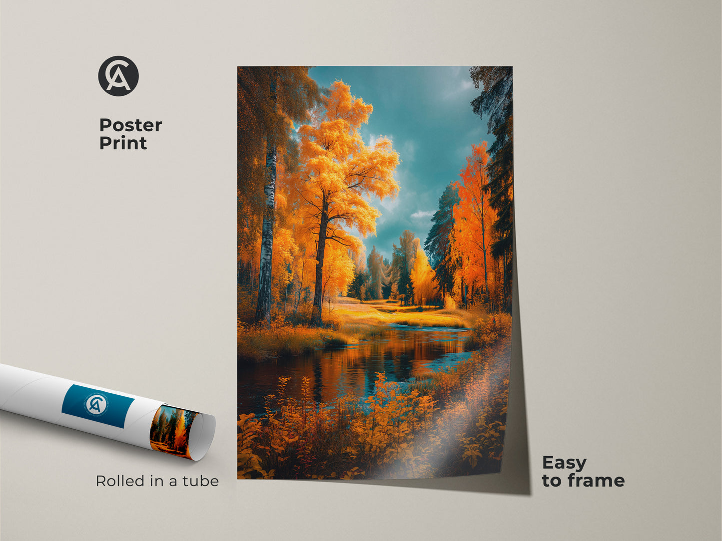 Museum-quality poster print featuring a breathtaking autumn forest scene. This fine art print captures the beauty of fall foliage and calm waters. Rolled in a tube for easy framing this poster adds elegance to any wall. Discover our range of landscape art prints today.