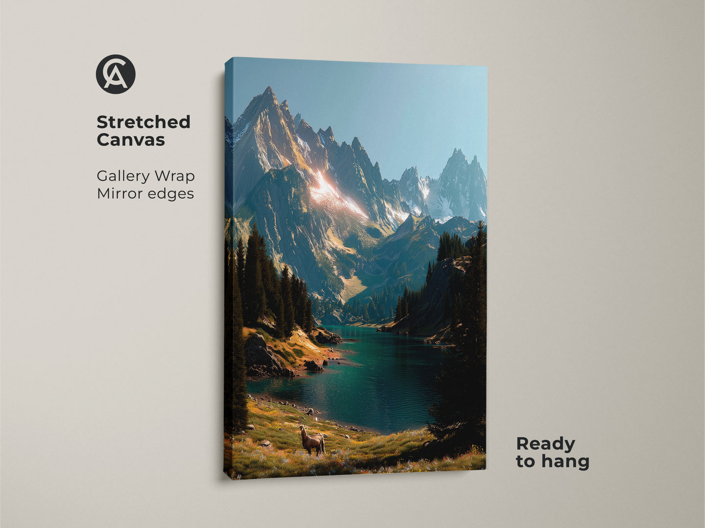 Gallery-wrapped stretched canvas mountain lake artwork. This ready-to-hang canvas print has mirror edges. It shows a majestic mountain range a pristine lake and a deer. Add this captivating landscape to your home decor.